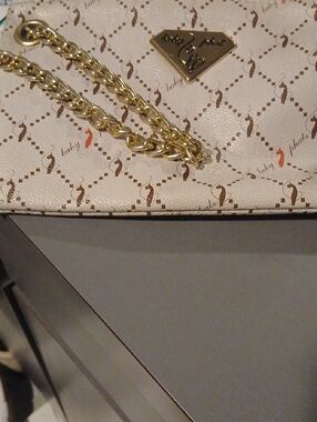 Baby Phat Cream Logo-Print Clutch Or Wristlet Bag with Gold Chain
